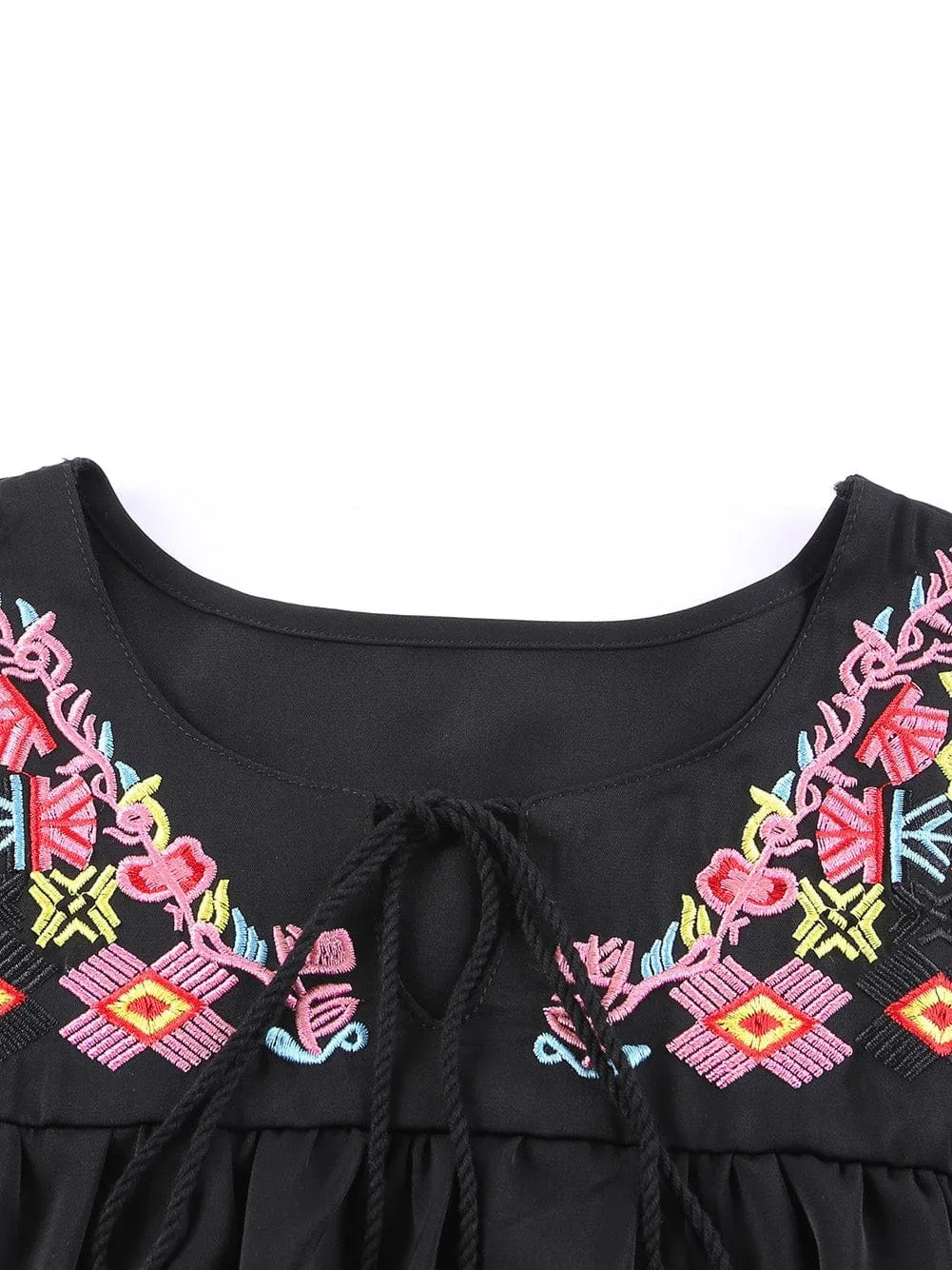 Black Floral Embroidered Boho Blouse with V-Neck and Short Sleeves