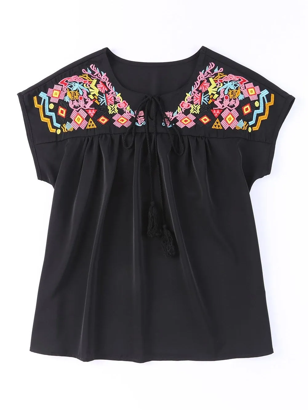 Black Floral Embroidered Boho Blouse with V-Neck and Short Sleeves