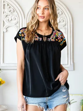 Black Floral Embroidered Boho Blouse with V-Neck and Short Sleeves