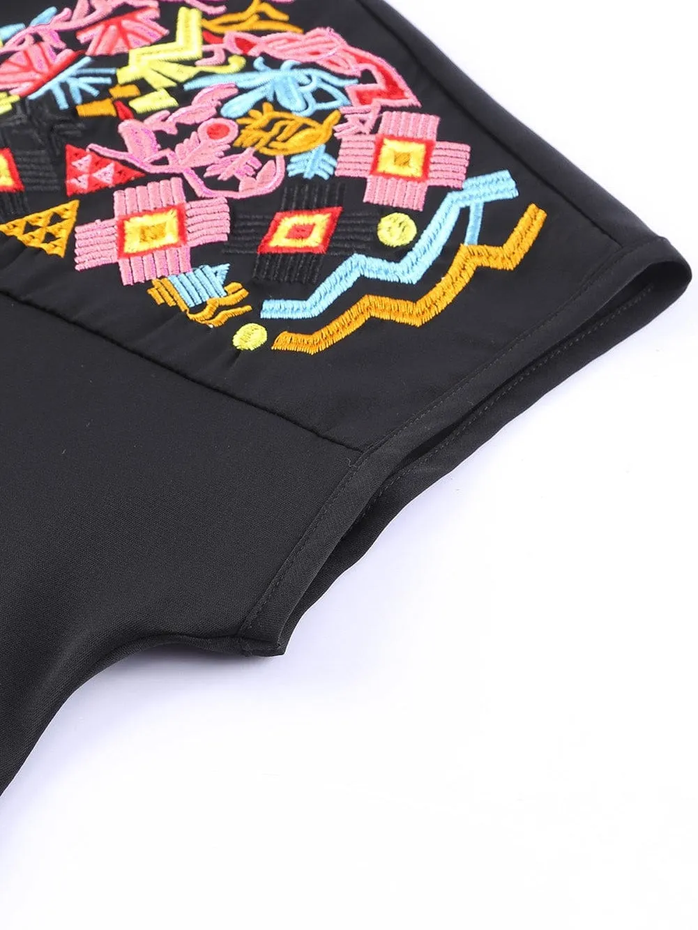 Black Floral Embroidered Boho Blouse with V-Neck and Short Sleeves