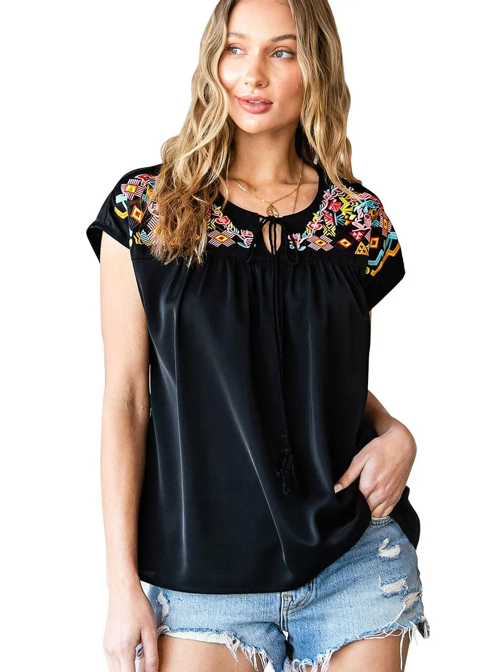 Black Floral Embroidered Boho Blouse with V-Neck and Short Sleeves