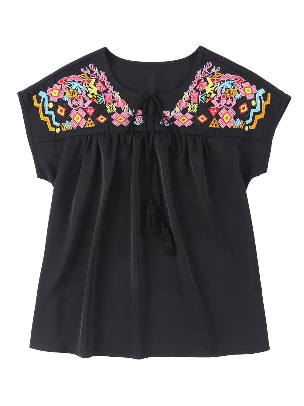 Black Floral Embroidered Boho Blouse with V-Neck and Short Sleeves