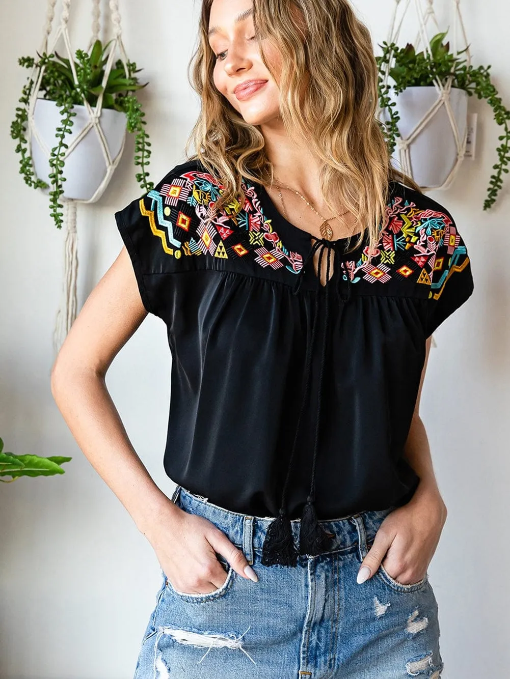 Black Floral Embroidered Boho Blouse with V-Neck and Short Sleeves