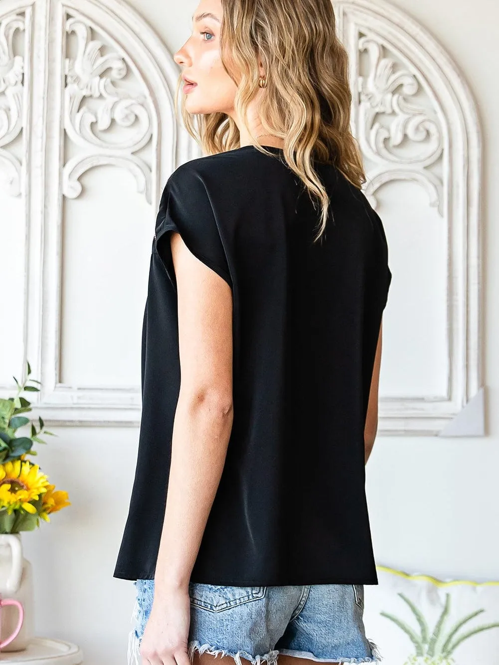 Black Floral Embroidered Boho Blouse with V-Neck and Short Sleeves