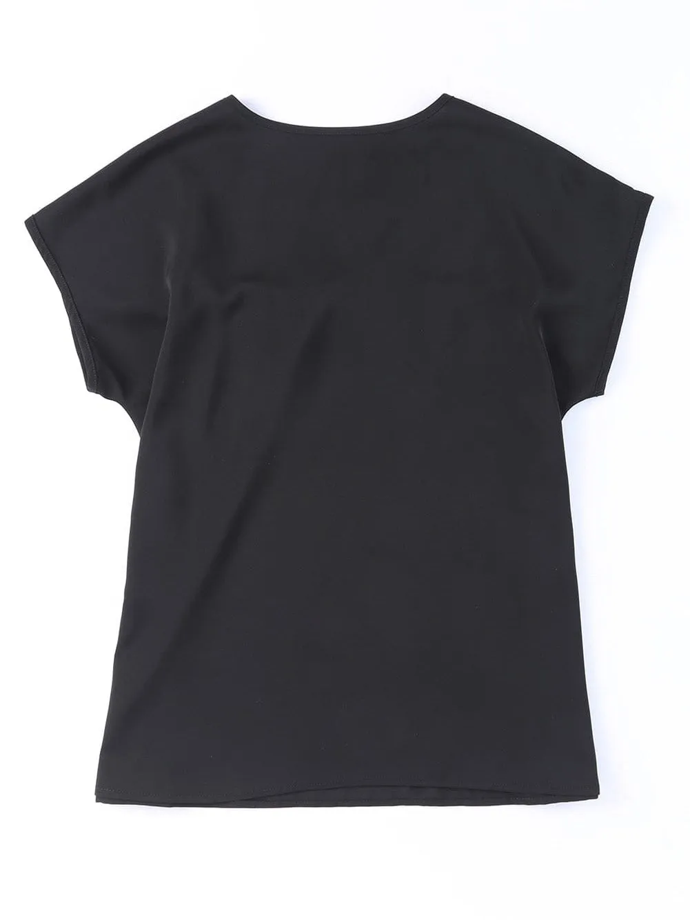 Black Floral Embroidered Boho Blouse with V-Neck and Short Sleeves