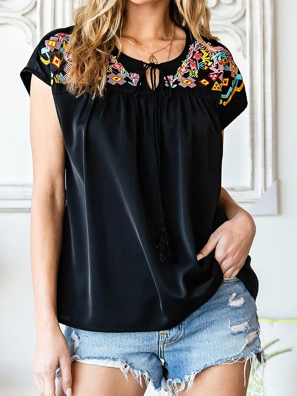 Black Floral Embroidered Boho Blouse with V-Neck and Short Sleeves