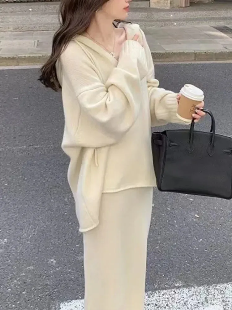 Bonnyshow  Korean Version of the Fashion Autumn and Winter Top Skirt Sweater Set Casual Elegant Ladies Hoodie Two-piece Ladies Knitwear Set