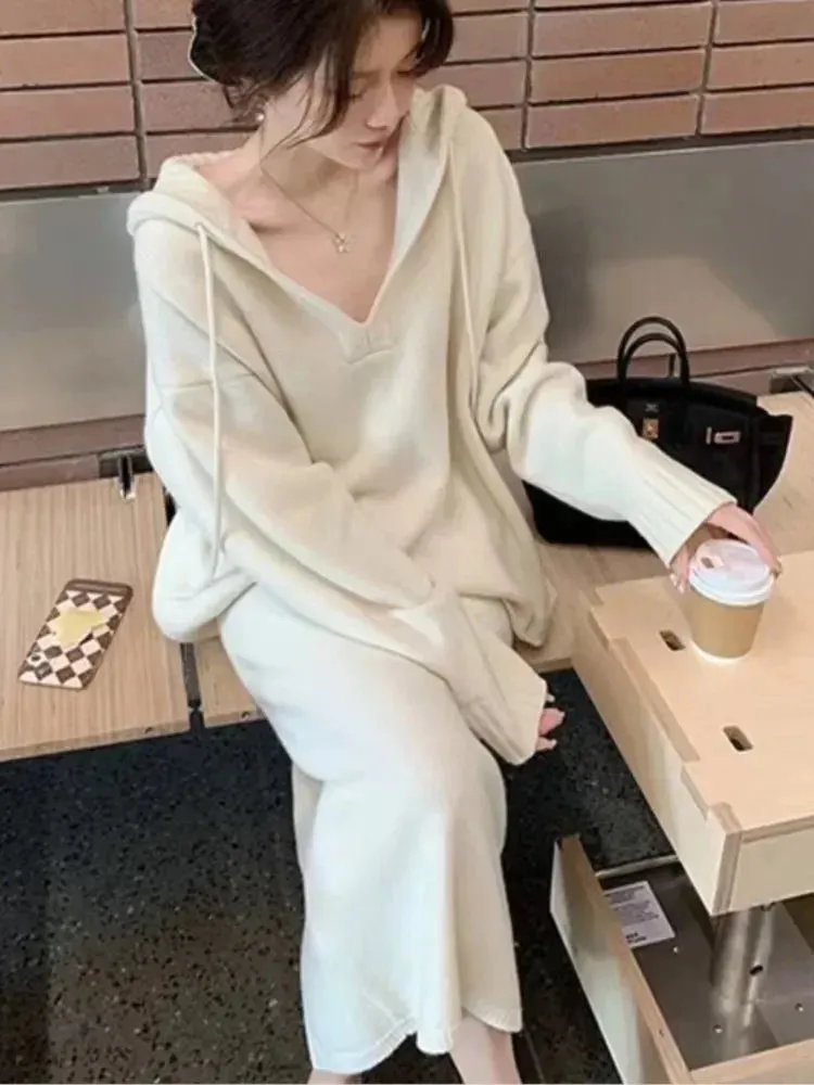 Bonnyshow  Korean Version of the Fashion Autumn and Winter Top Skirt Sweater Set Casual Elegant Ladies Hoodie Two-piece Ladies Knitwear Set