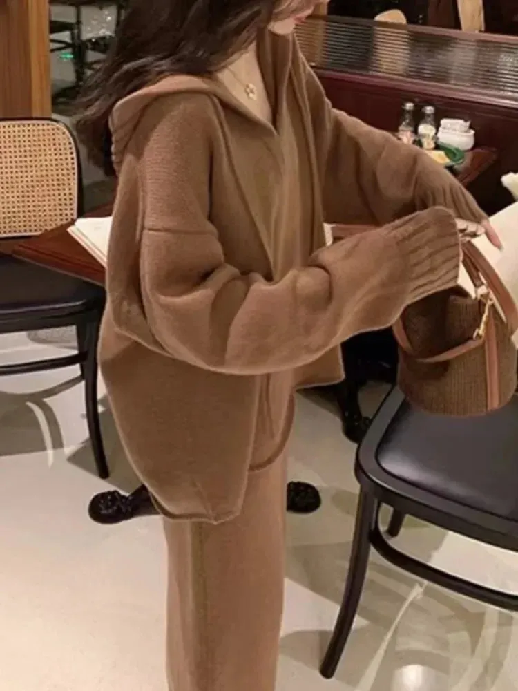 Bonnyshow  Korean Version of the Fashion Autumn and Winter Top Skirt Sweater Set Casual Elegant Ladies Hoodie Two-piece Ladies Knitwear Set