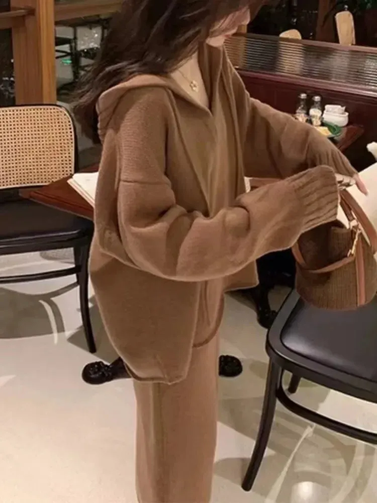 Bonnyshow  Korean Version of the Fashion Autumn and Winter Top Skirt Sweater Set Casual Elegant Ladies Hoodie Two-piece Ladies Knitwear Set