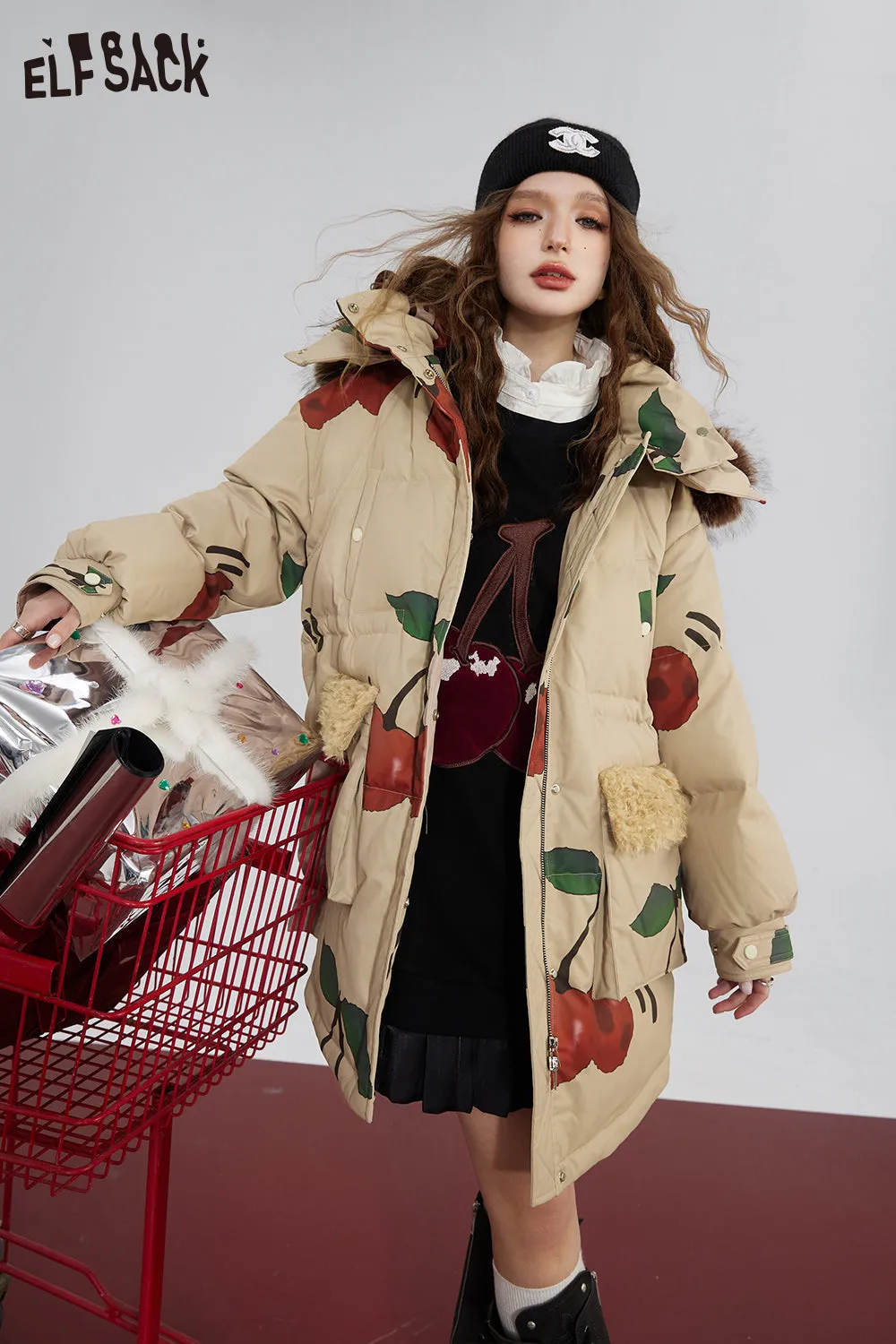ELFSACK Korean Fashion Spliced Pullover Mini Dress For Women 2023 Winter New Cherry Plus Size Designer Dress