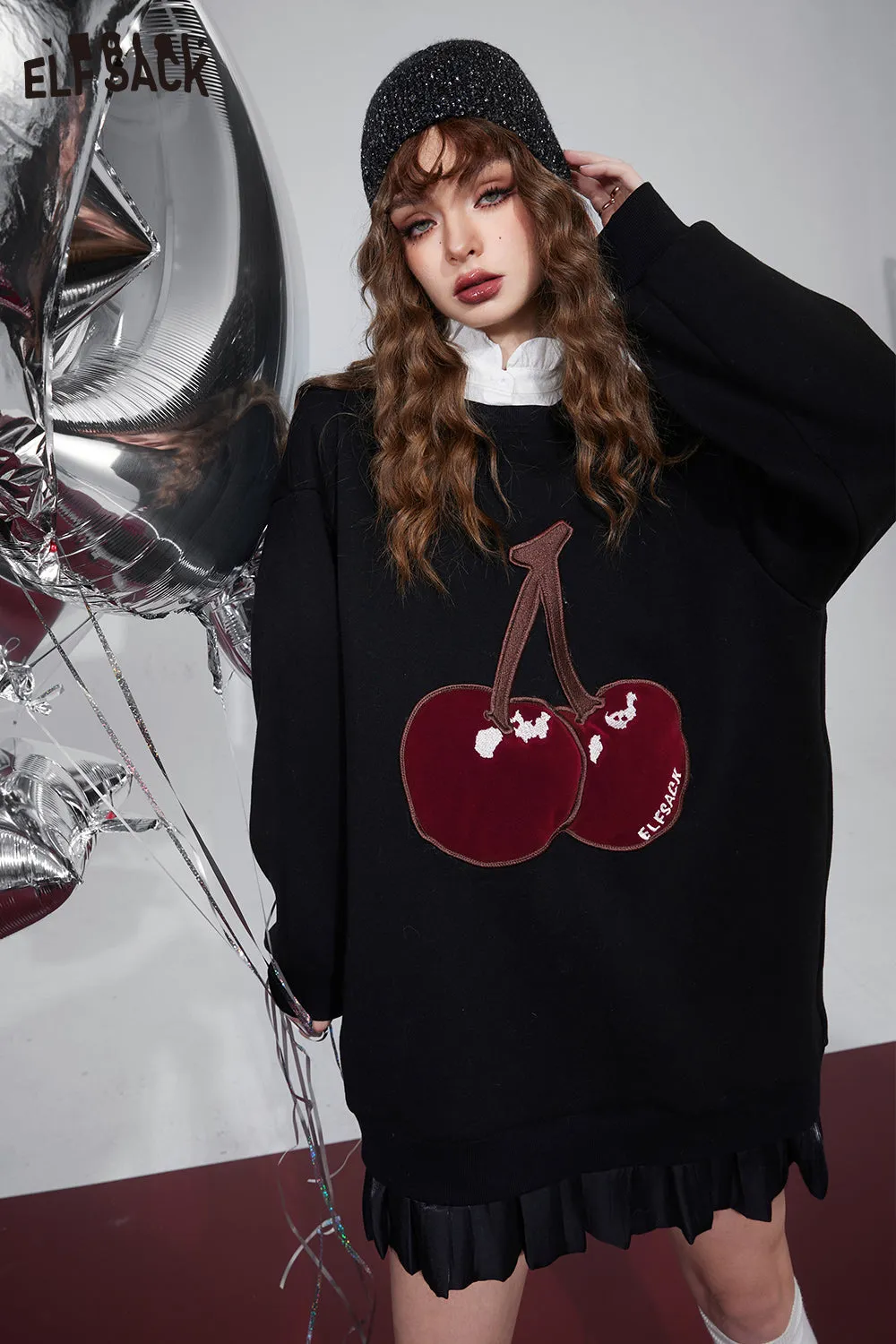 ELFSACK Korean Fashion Spliced Pullover Mini Dress For Women 2023 Winter New Cherry Plus Size Designer Dress
