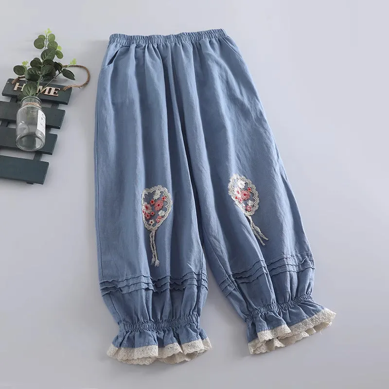 Embroidery Cottagecore Cotton Pants