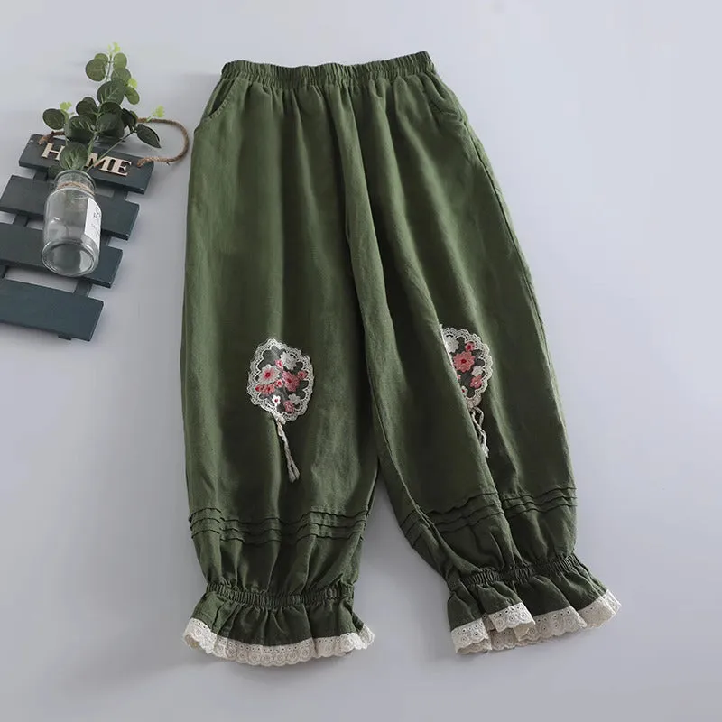 Embroidery Cottagecore Cotton Pants