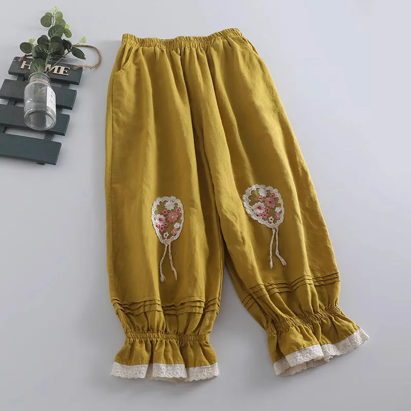 Embroidery Cottagecore Cotton Pants