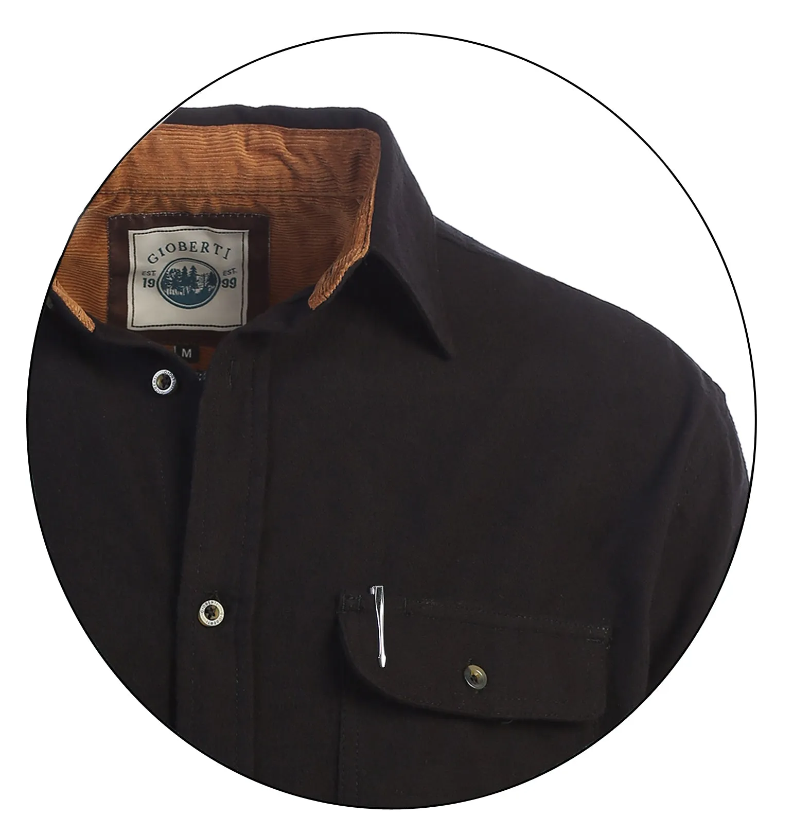 Gioberti Men's Black 100% Cotton Brushed Flannel Plaid Checkered Shirt with Corduroy Contrast