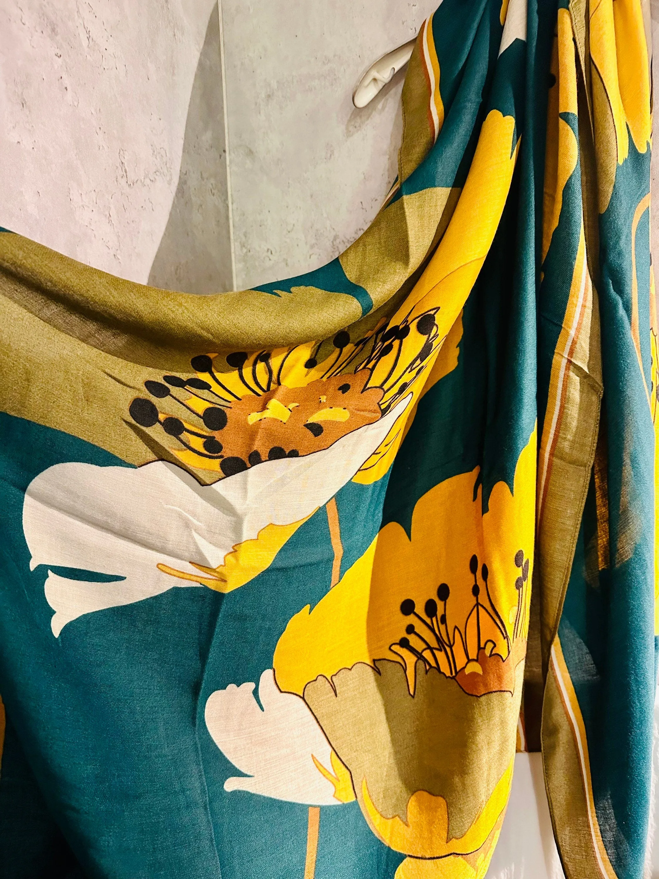 Green Yellow Organic Cotton Scarf with Huge Sketched Peony Flower – An Eco-Friendly Gift for Mom, Perfect for Birthday and Christmas