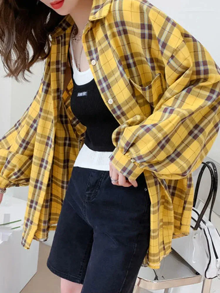LVSANW JMPRS Fashion Plaid Women Shirt Fashion Korean Oversize Tops Harajuku Daily All-match Long Sleeve Chic Female Yellow Shirts New