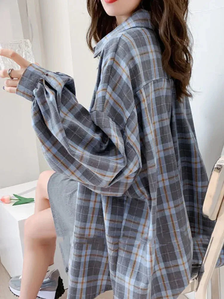 LVSANW JMPRS Fashion Plaid Women Shirt Fashion Korean Oversize Tops Harajuku Daily All-match Long Sleeve Chic Female Yellow Shirts New
