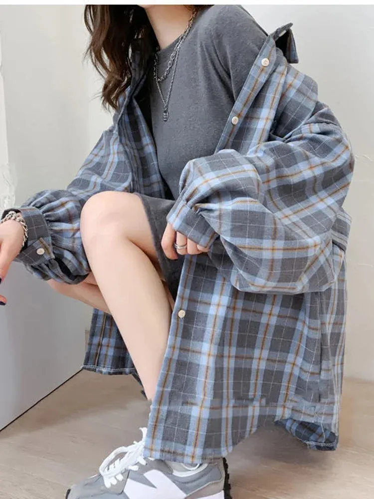 LVSANW JMPRS Fashion Plaid Women Shirt Fashion Korean Oversize Tops Harajuku Daily All-match Long Sleeve Chic Female Yellow Shirts New