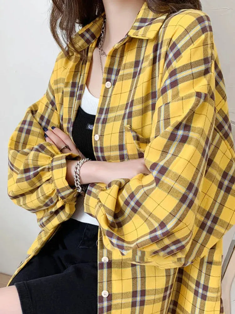 LVSANW JMPRS Fashion Plaid Women Shirt Fashion Korean Oversize Tops Harajuku Daily All-match Long Sleeve Chic Female Yellow Shirts New