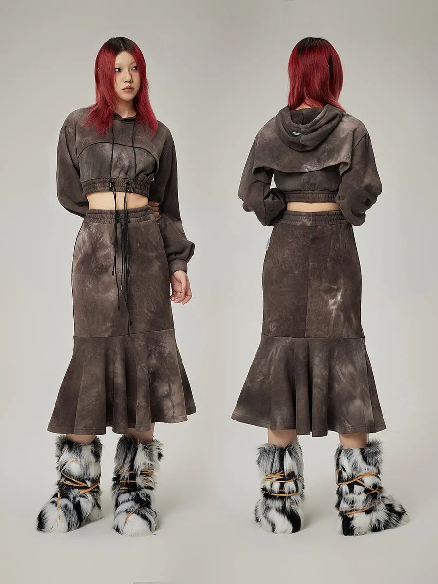 Mermaid Tiered Tie-Dye Drawstring Parka＆Long-Skirt