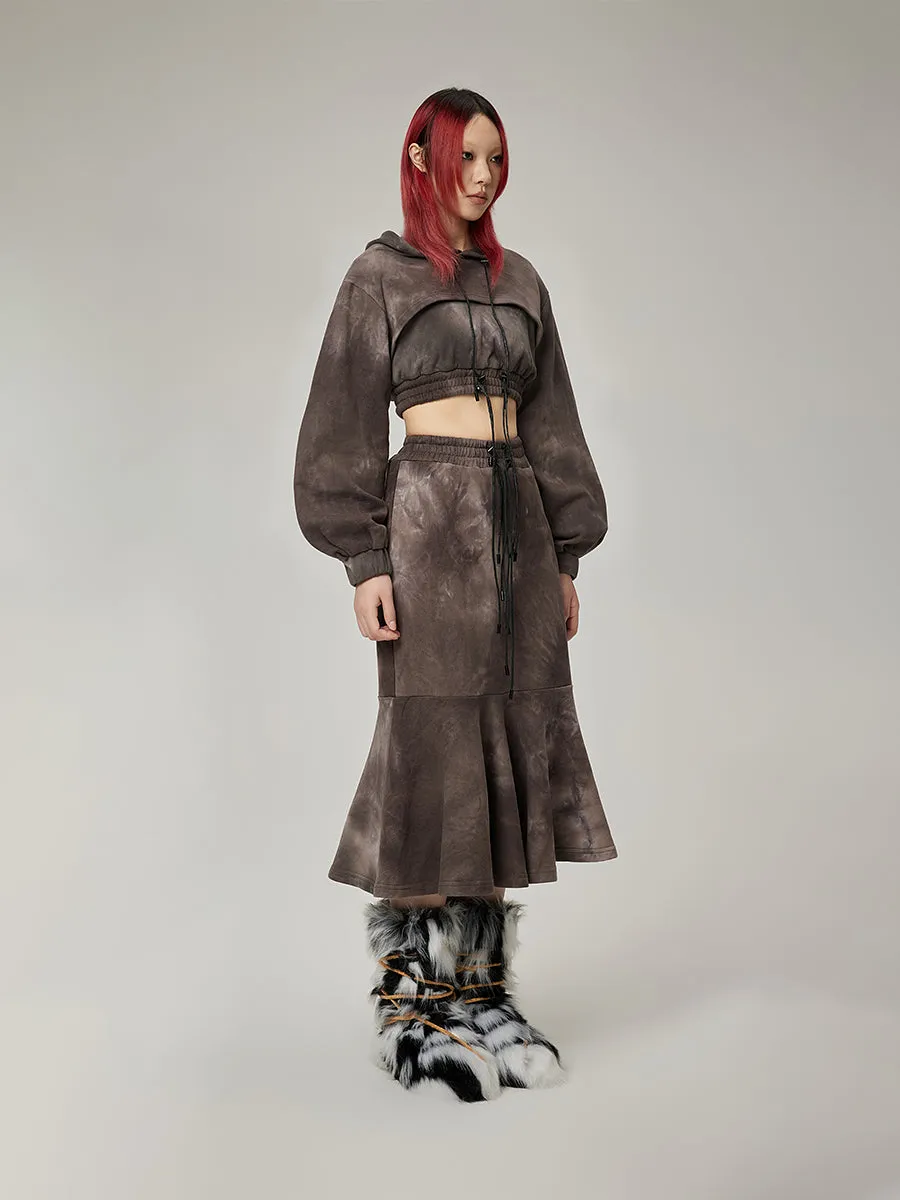 Mermaid Tiered Tie-Dye Drawstring Parka＆Long-Skirt
