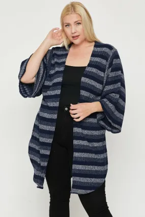 Plus Size Blue Striped Kimono Sleeves Open Front Cardigan
