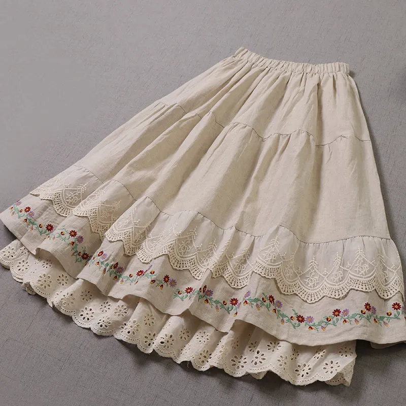 Retro Embroidery Cottagecore Cotton Skirt