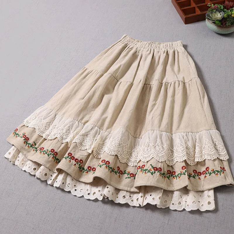 Retro Embroidery Cottagecore Cotton Skirt