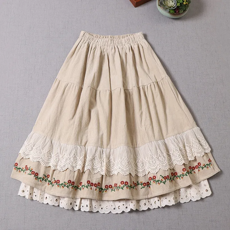 Retro Embroidery Cottagecore Cotton Skirt