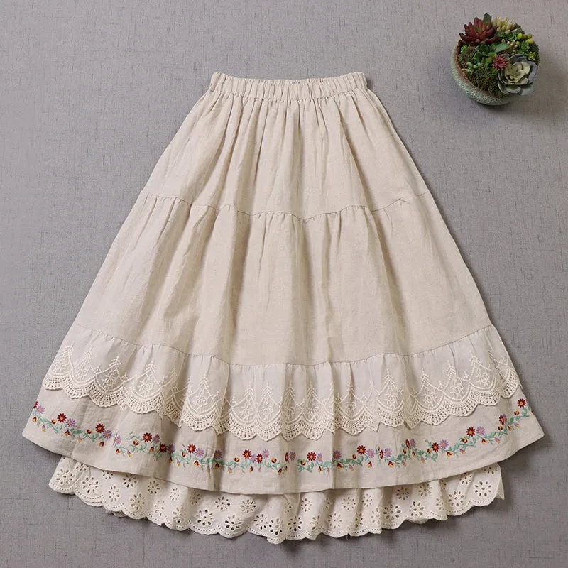 Retro Embroidery Cottagecore Cotton Skirt