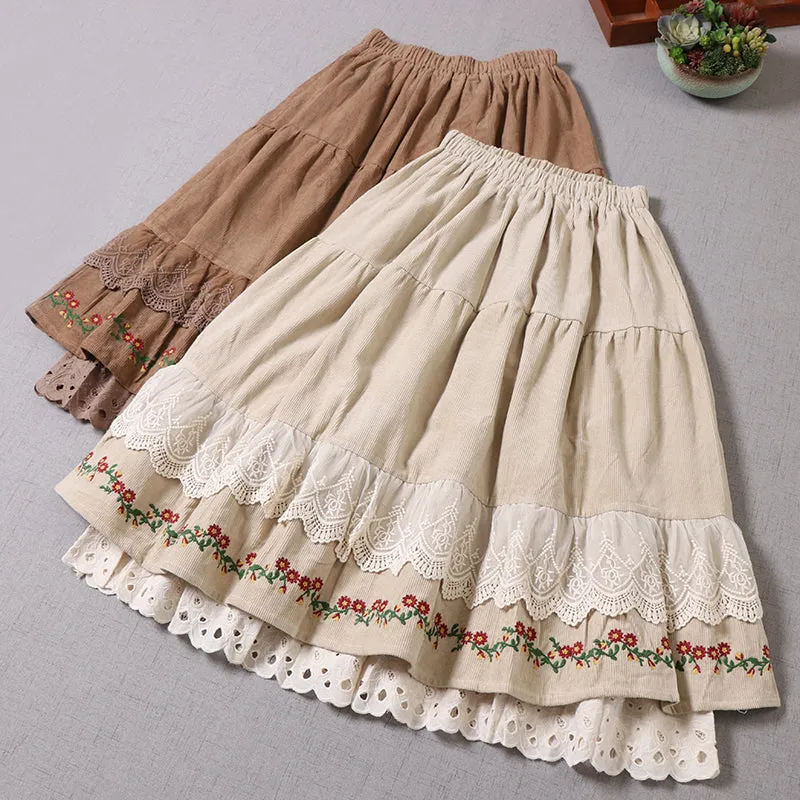 Retro Embroidery Cottagecore Cotton Skirt