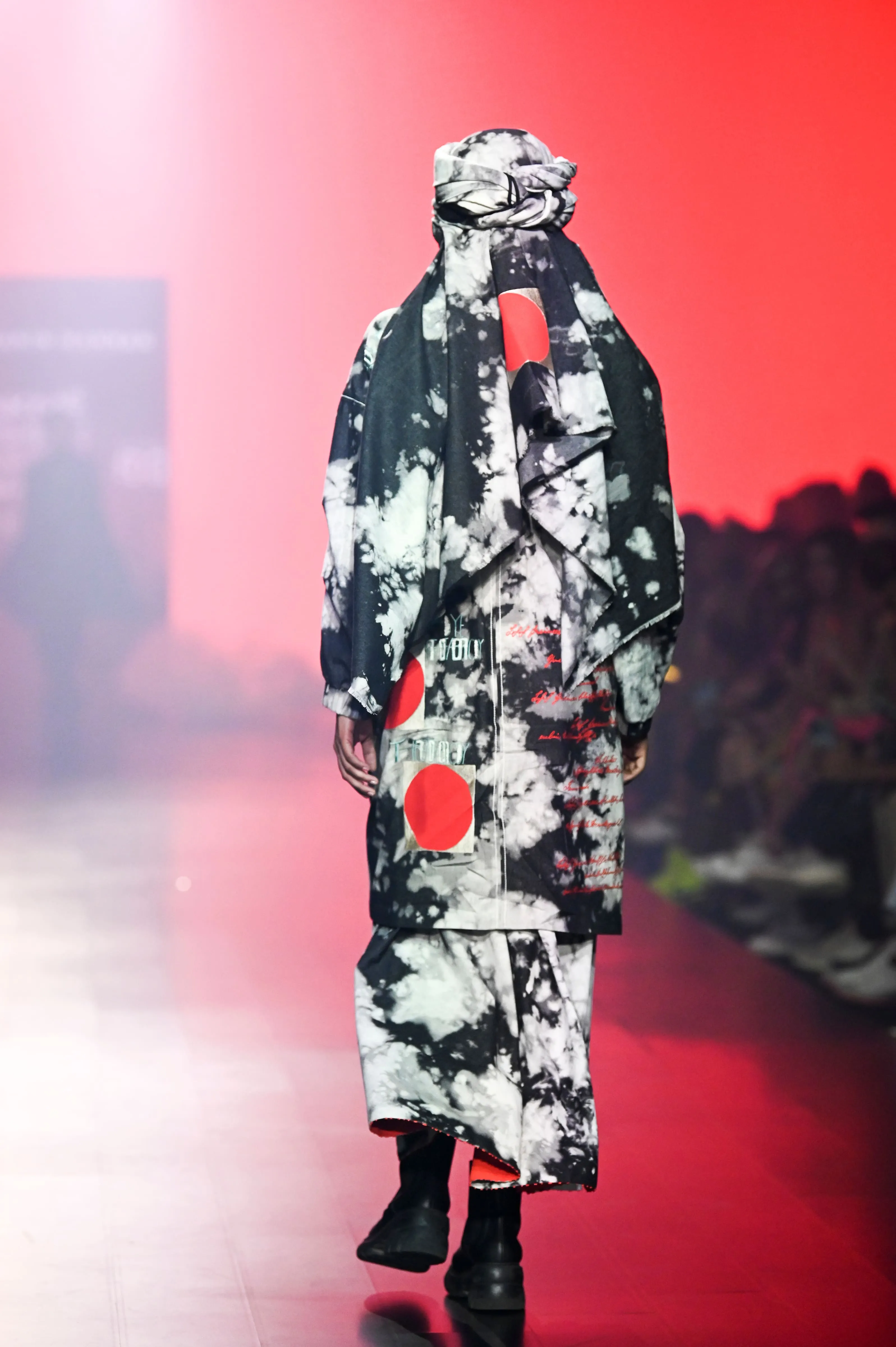 Scribble Parka With Circular Skirt And Head Scarf