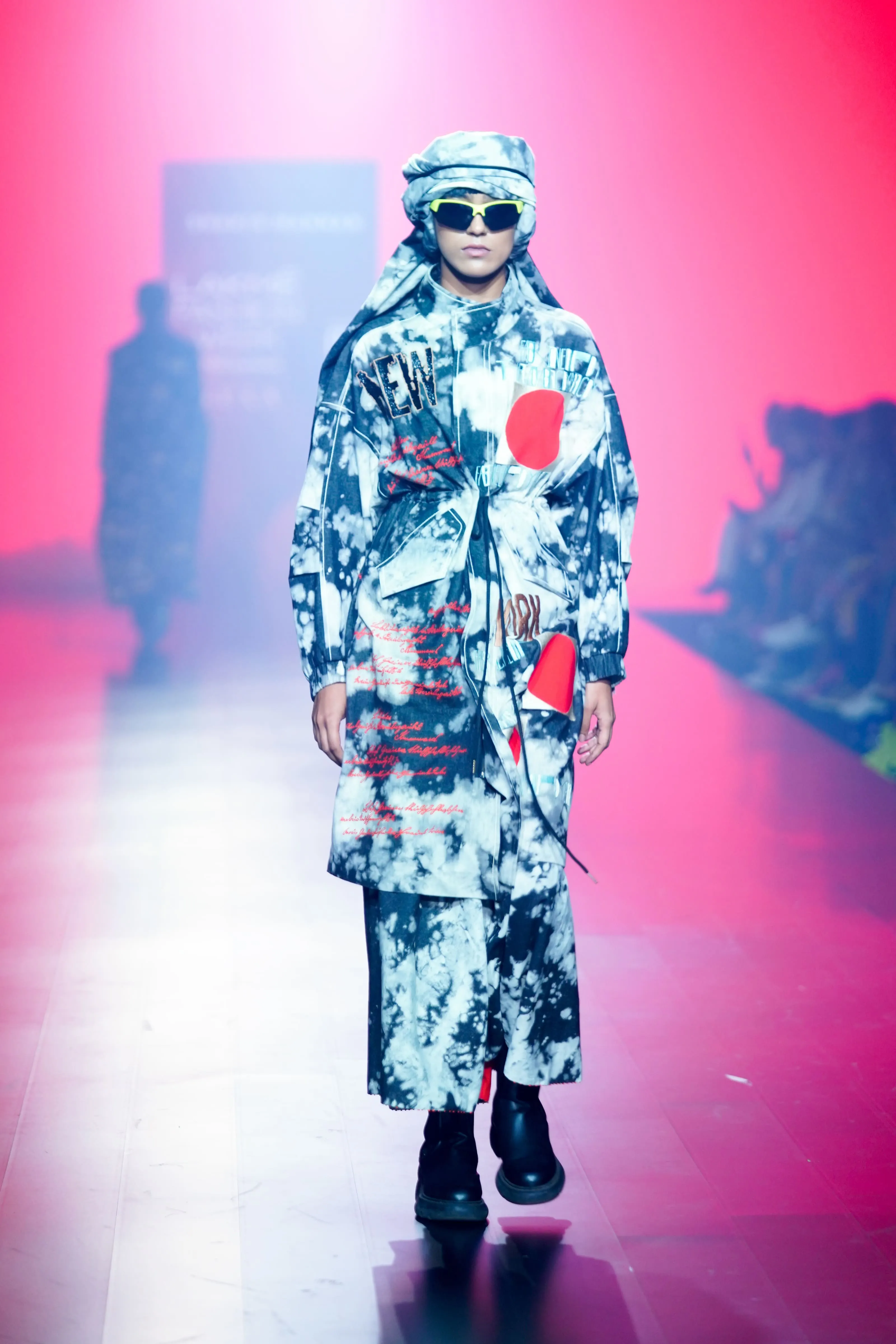 Scribble Parka With Circular Skirt And Head Scarf