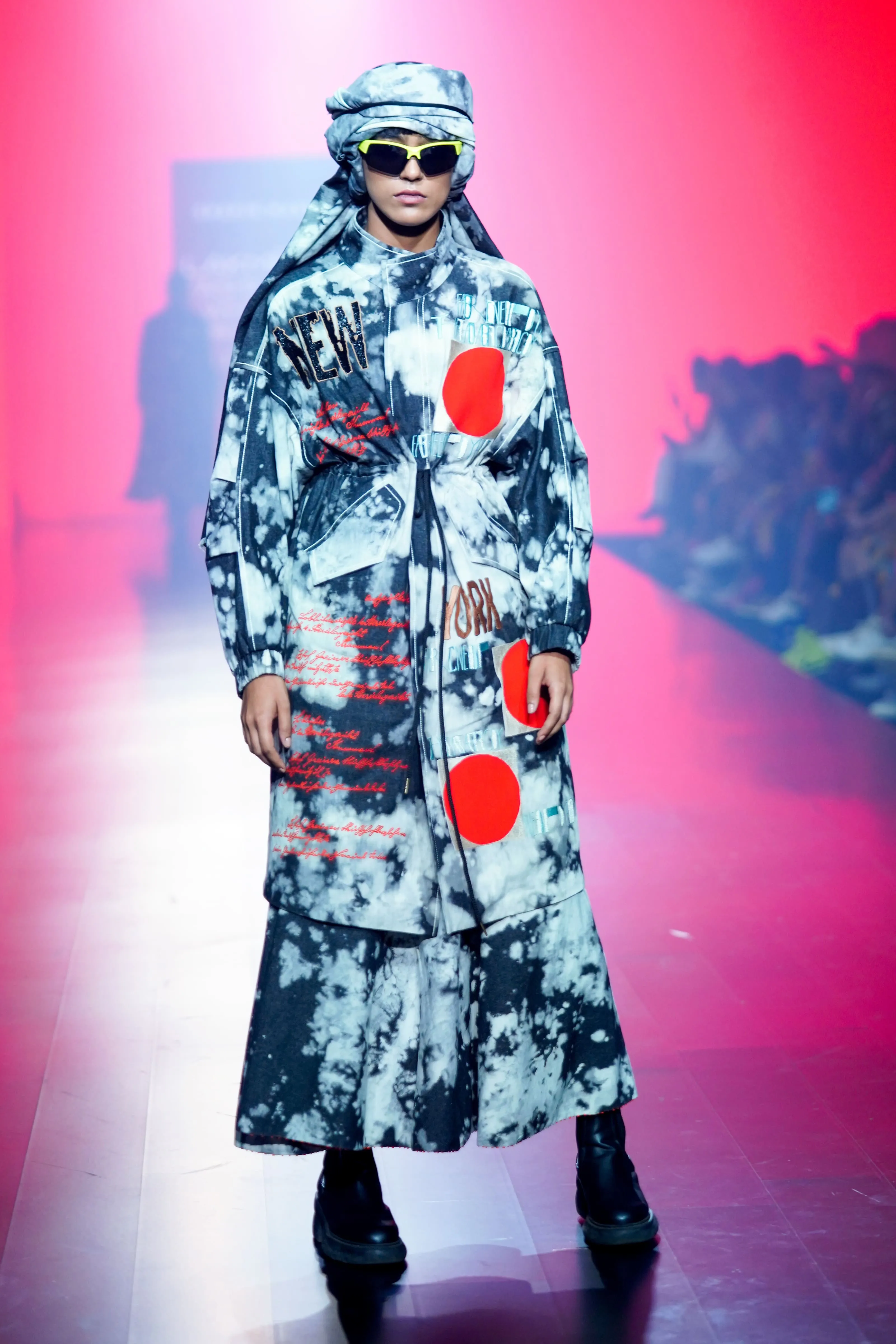 Scribble Parka With Circular Skirt And Head Scarf