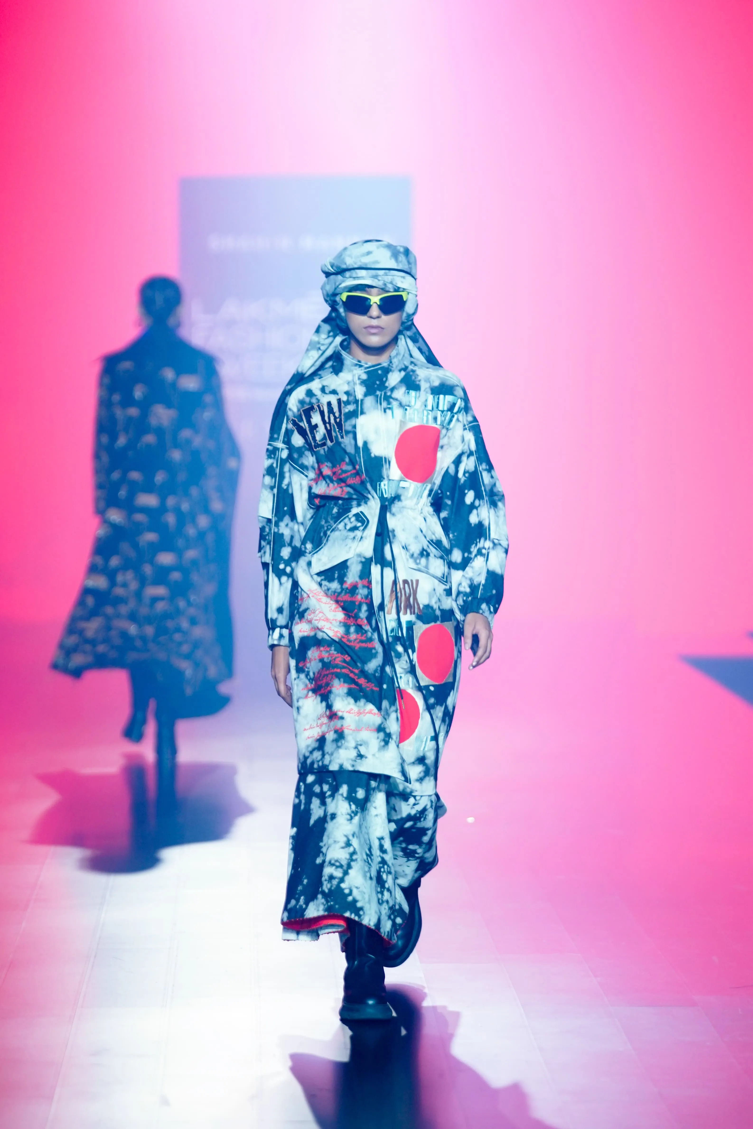 Scribble Parka With Circular Skirt And Head Scarf