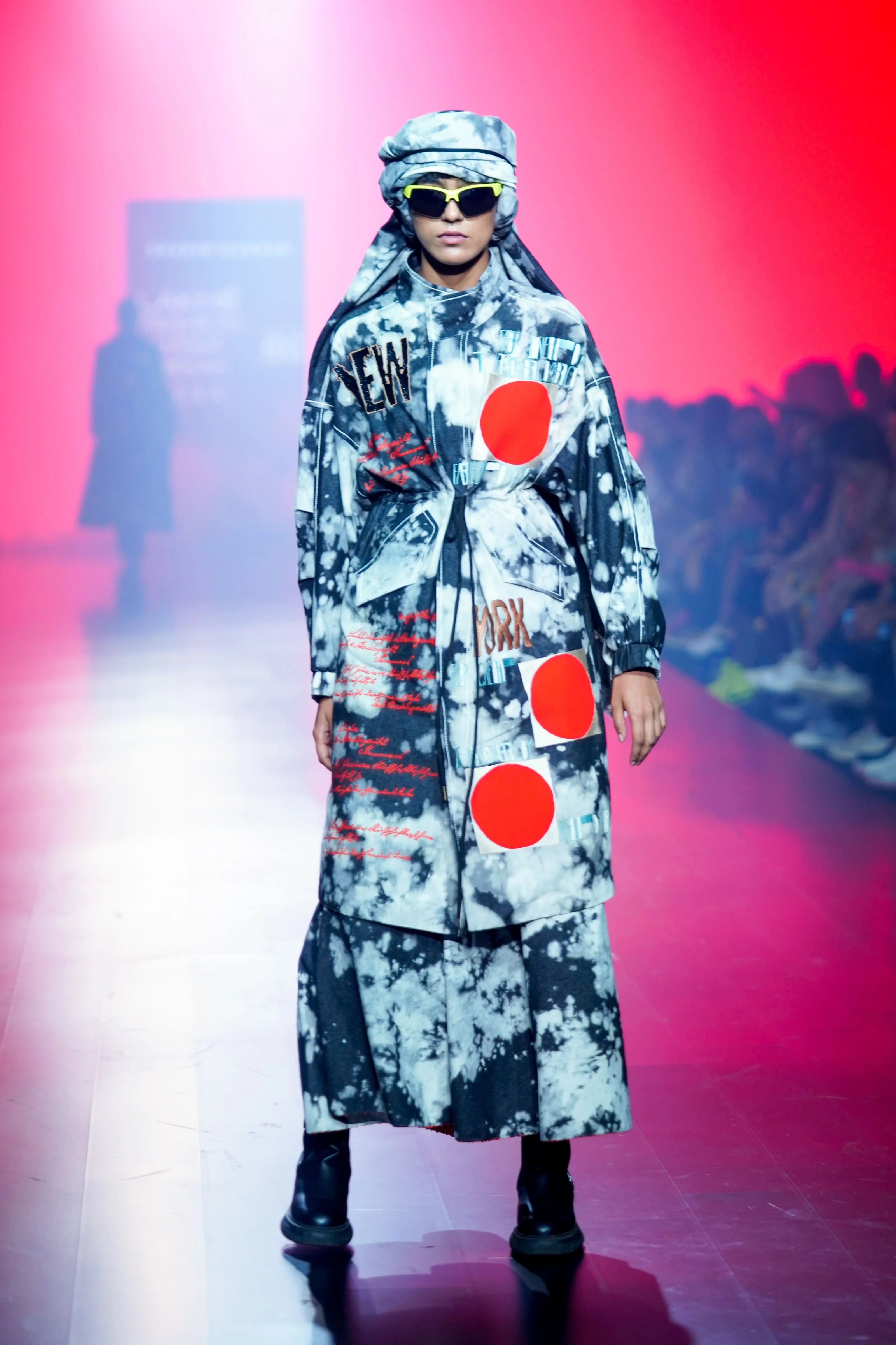Scribble Parka With Circular Skirt And Head Scarf