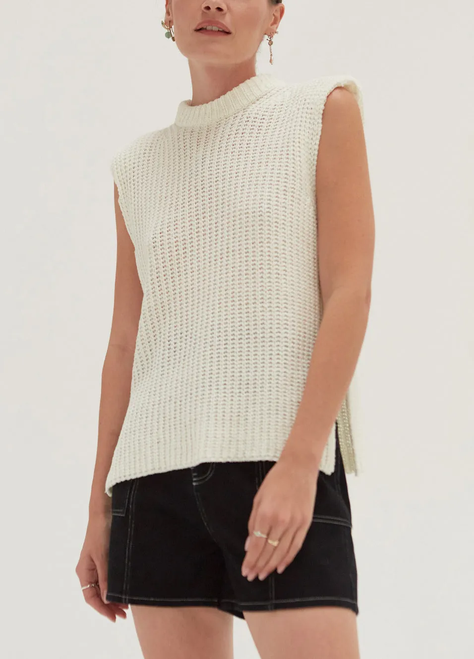 Side Slit White Mock Neck Top