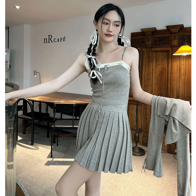 Uniwim fall outfits women Spring 2024 New Pure Desire Style Hand-Knitted Rope Knitted Cardigan Sling Pleated Skirt Three-Piece Set Dress