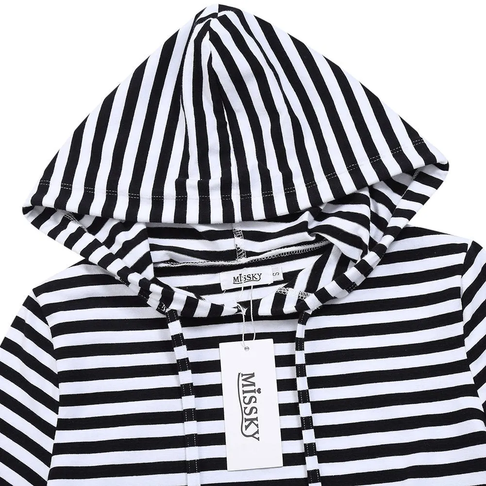 YESFASHION Women Pullover Stripe Pocket Short Sleeve Sweatshirts for Women (2XL,Blackwhite)